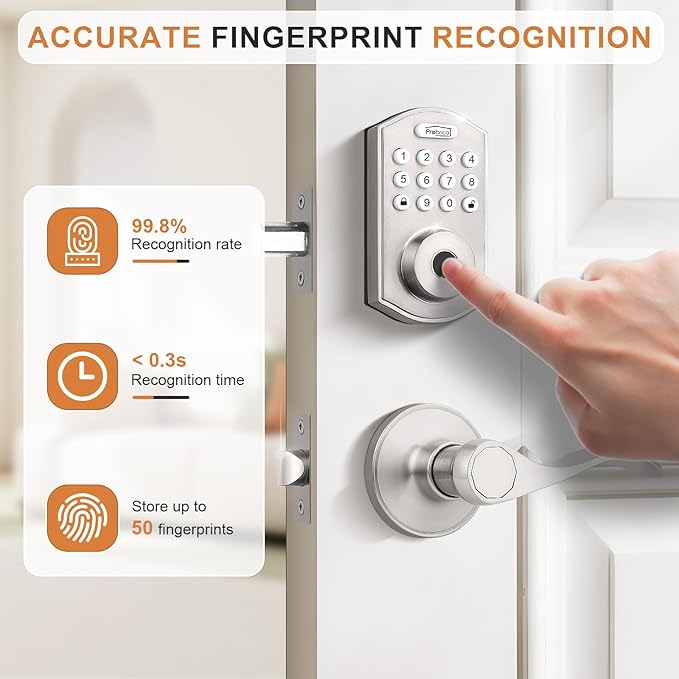 Probrico Smart Door Lock Satin Nickel Keyless Entry Door Lock, Keypad Door Lock with Handle Fingerprint Deadbolt Handle Set