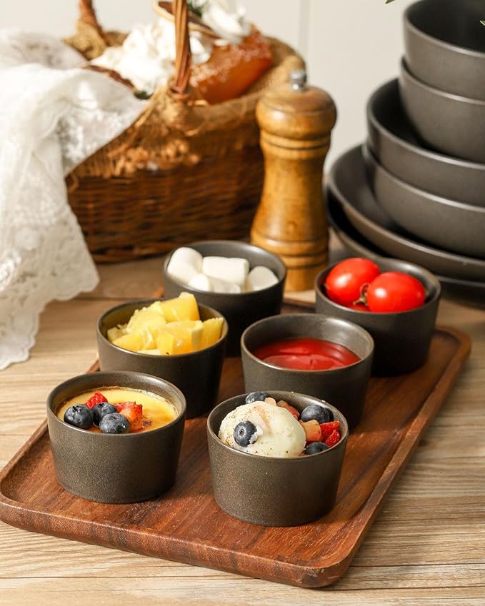 Tikooere Ramekins 2.5 oz,Oven Safe Small Ramekins for Creme Brulee,Souffle,Black Ramkeins for Baking,Ceramic Mini Ramkeins Set of 6,Custard cups for Kitchen,Matte Black