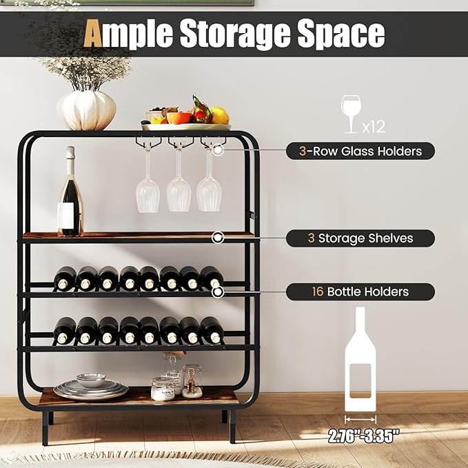 GOFLAME 16 Bottle Wine Rack, Freestanding Floor 5-Tier Wine Display Shelf w/Glass Holders, Metal Frame Industrial Liquor Display Stand with Storage Shelf for Kitchen, Home Bar