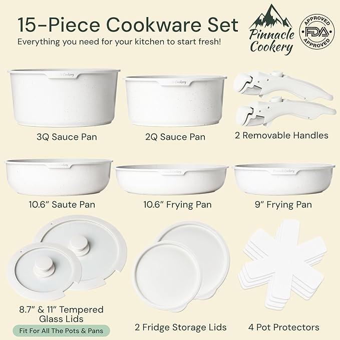 15-Piece White Granite Nonstick Cookware Set ??Detachable Handles & Tempered Glass Lids ??Stackable & Cool-Touch - Induction & Oven Safe to 480째F - Scratch-Resistant, PFOA & PFOS-Free