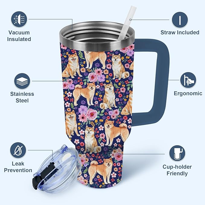 Yogusut Shiba Inu Gifts for Women, 40oz Stainless Steel Insulated Tumbler Travel Mug Cup with Handle Straw, Gifts for Dog Mom Dog Lover