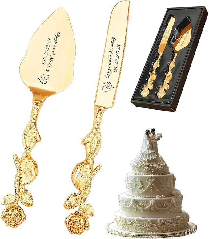 HJX Personalized Cake Knife and Server Set for Wedding - Engraved Stainless Steel Cake Cutting Set, Custom Elegant Cake Cutter Gift for Anniversary Birthday (04-Rose)