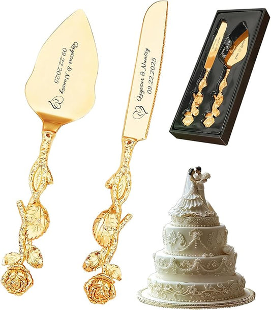 HJX Personalized Cake Knife and Server Set for Wedding - Engraved Stainless Steel Cake Cutting Set, Custom Elegant Cake Cutter Gift for Anniversary Birthday (04-Rose)