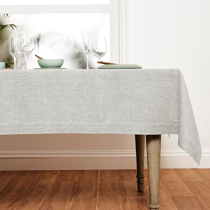 Solino Home Linen Tablecloth 60 x 90 Inch - 100% Pure Linen Oyster Grey Table Cloth for Rectangle Tables - Athena, Machine Washable Tablecloth for Spring, Easter
