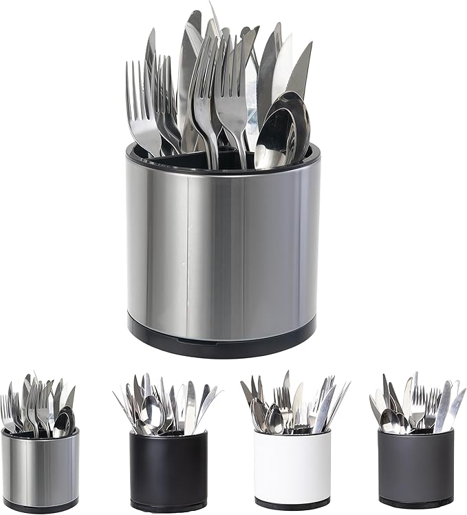 Kitchen Utensil Holder Extra Large 360째Rotating For Counter Organizer Stainless Steel Storage Cooking Silverware Caddy 3 Compartment Flatware Spoon Spatula Tool Cutlery Container