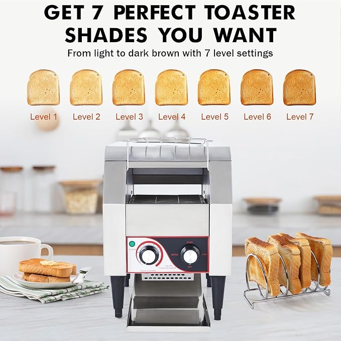 Commercial Conveyor Toaster, 450 Slices/Hour Stainless Steel Toaster Oven with Dual Heating & 7-Speed Belt for Bagels/Buns/Bread in Cafes/Buffets