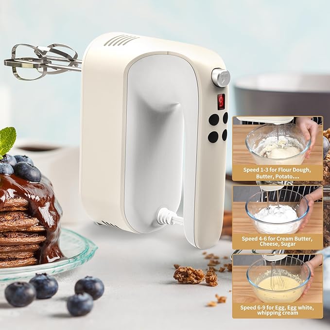 9-Speed Digital Hand Mixer Electric, 400W Powerful DC Motor, Baking Handheld with Snap-On Storage Case, 5 Stainless Steel Accessories, Flat Beaters, Dough Hooks, Whisk(Cream White)