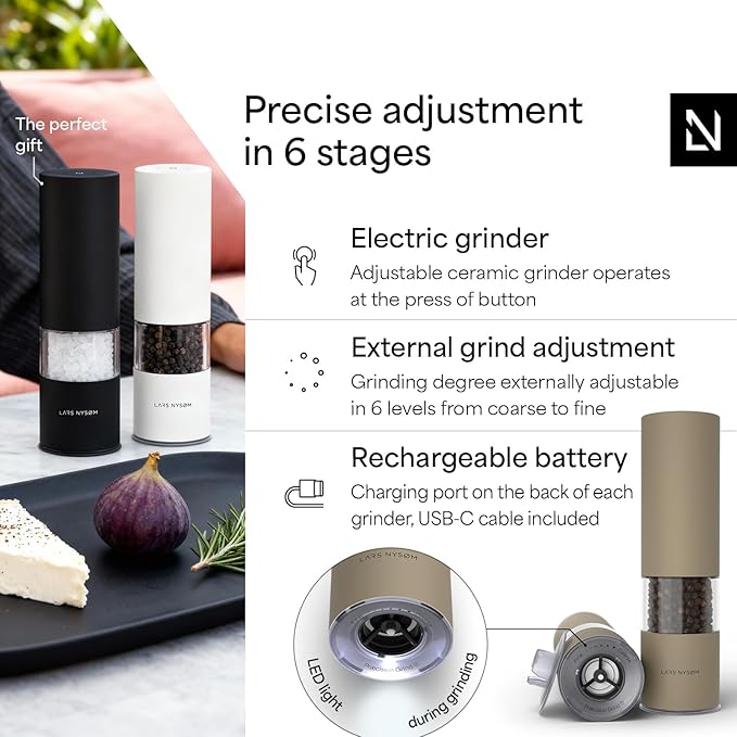 LARS NYS횠M Electric Salt and Pepper Grinder Set I Automatic Salt and Pepper Mills with Adjustable Ceramic Grinder I USB Rechargeable Electric Spice Mill Set with LED Light (Taupe Brown)