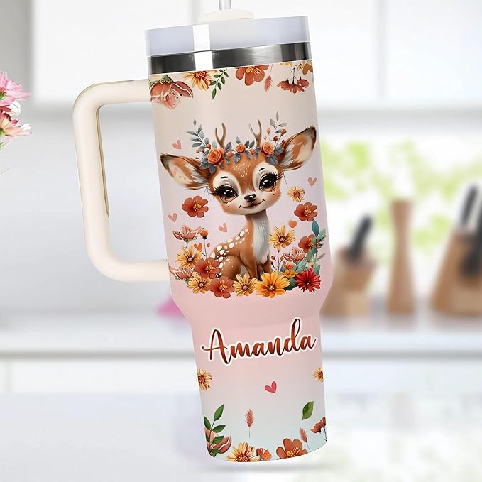 AGGLOMEKC Personalized Cute Reindeer Cup - Mother's Day Birthday Gift For Animal Lovers - Just A Girl Who Loves Reindeer Tumbler 40oz With Custom Name - Pet Lover Gifts For Women, Her