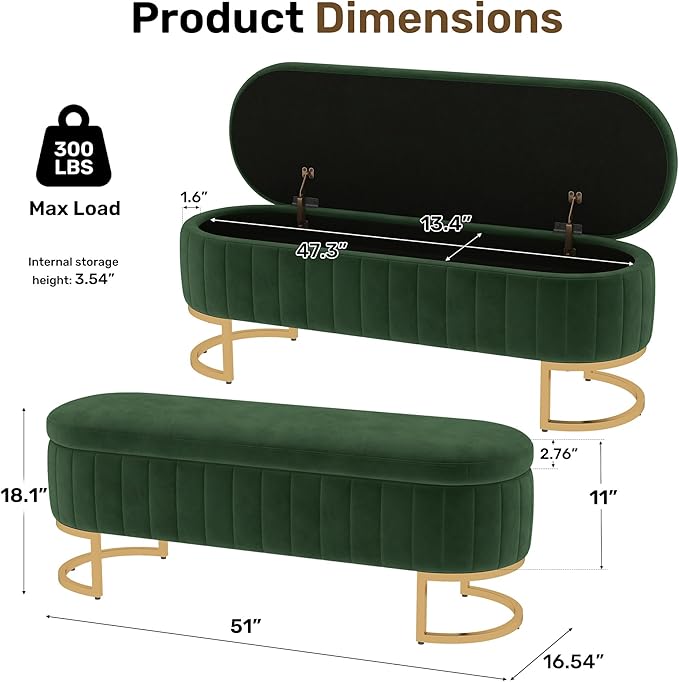 VIROL 51 Inch Storage Ottoman Bench Velvet End of Bed Storage Bench King Size Upholstered Tufted Bench Large Space for Bedroom Living Room Entryway Green