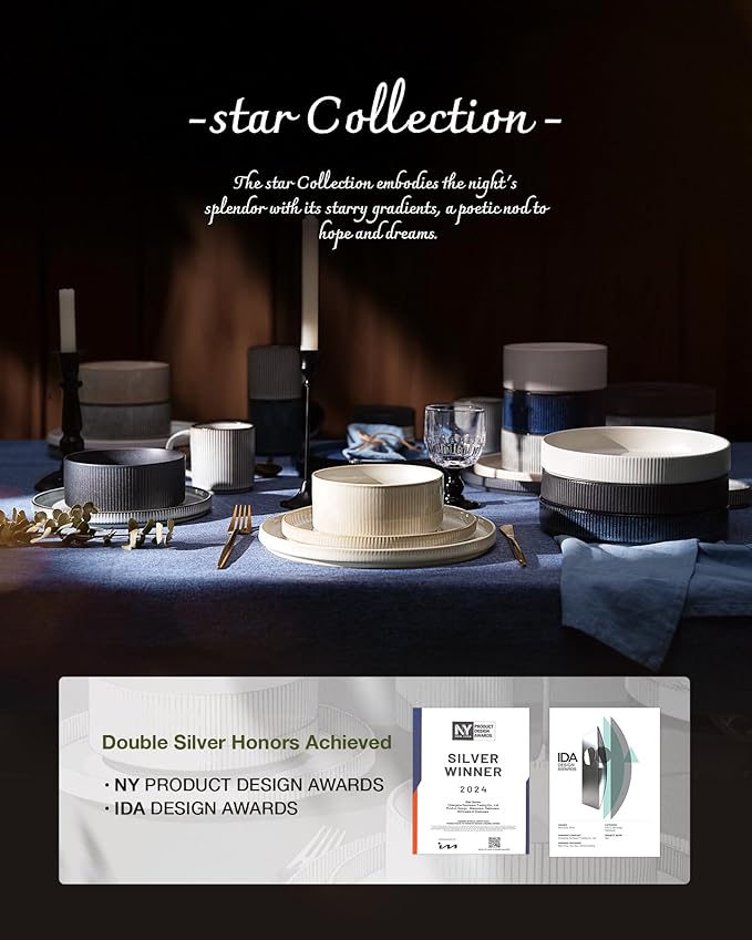 Famiware Star Dinnerware Set, Plates and Bowls Sets for 6 (18pcs), Ribbed Stoneware Dishes - Chip & Scratch Resistant, Microwave & Dishwasher Safe Kitchenware, Matte Sage Green