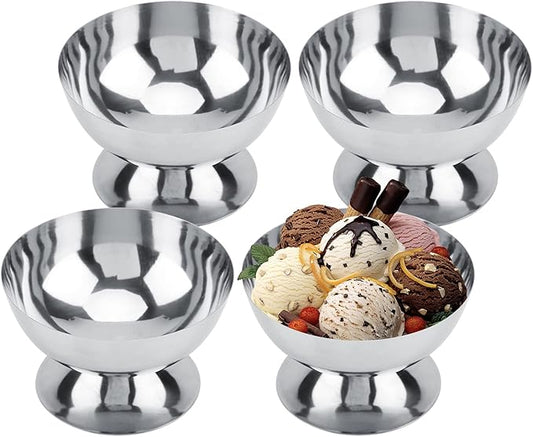 Hapivida Ice Cream Cup, 4Pcs Stainless Steel Serving Dessert Bowls Cups Sauce Bowls Mini Round Footed Yogurt Snack Candy Cups for Salad Fruit Pudding Christmas