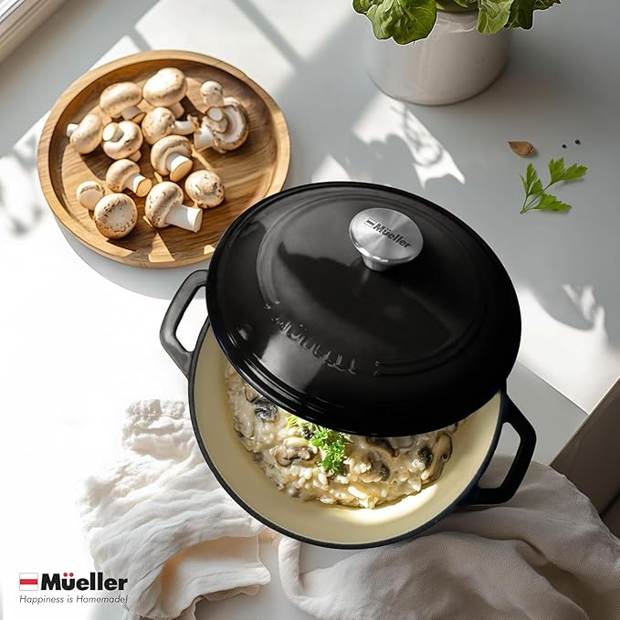 MUELLER HOME 7.5 QT Enameled Cast Iron Dutch Oven, Heavy-Duty, Oven-Safe up to 500째 F & Across All Cooktops, Casserole Dish and Braiser Pan with Lid and Stainless Knob, Black