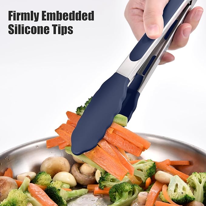 Doosu Kitchen Tongs for Cooking - 600째F Heat Resistant Food Tong with Non-Scratch Silicone Tips, Heavy Duty Stainless Steel Locking Tong for BBQ, Grilling Steak, Serving Salad Pasta (9in, Navy Blue)