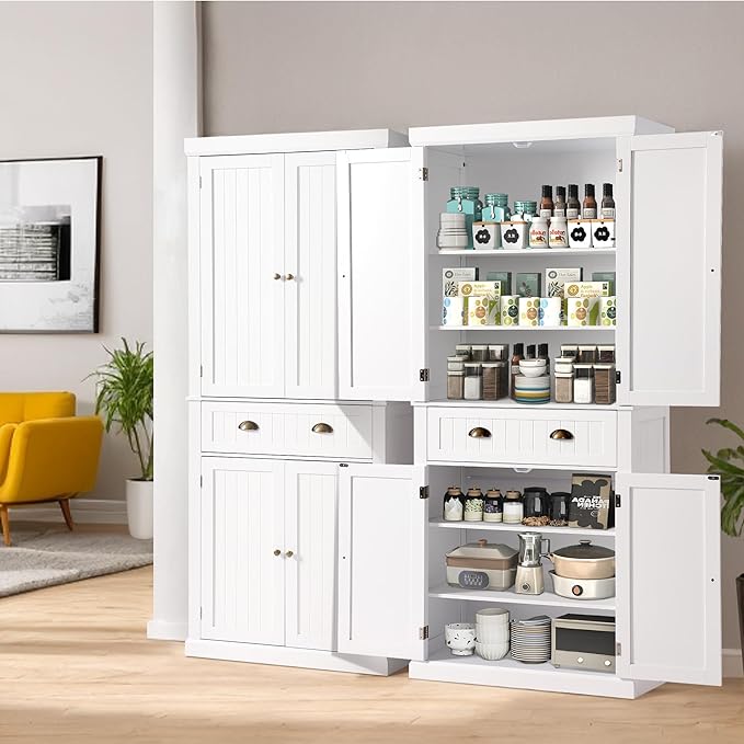 72" Kitchen Pantry Storage Cabinet, Freestanding Cupboard with 2 Cabinets, Drawer and Adjustable Shelves, Tall Storage Cabinet for Kitchen, Dinning Room, Living Room (White)