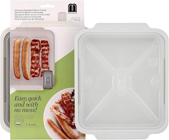 MMUGOOLER Microwave Easy Bacon Maker/Cooker with Lid, Safety, Quick and with No Mess, 11.3??L x 9.0" W x 2.4" H- White