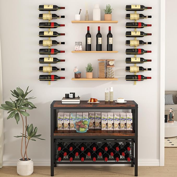B4Life Gold Wine Rack and Holder Wall Mounted 18 Bottles, Metal Hanging Mount Racks for Wall, Wine Bottles for Bottles Storage Home Bar, Cellar and Kitchen, Dining Room (Gold, 18 Bottle)