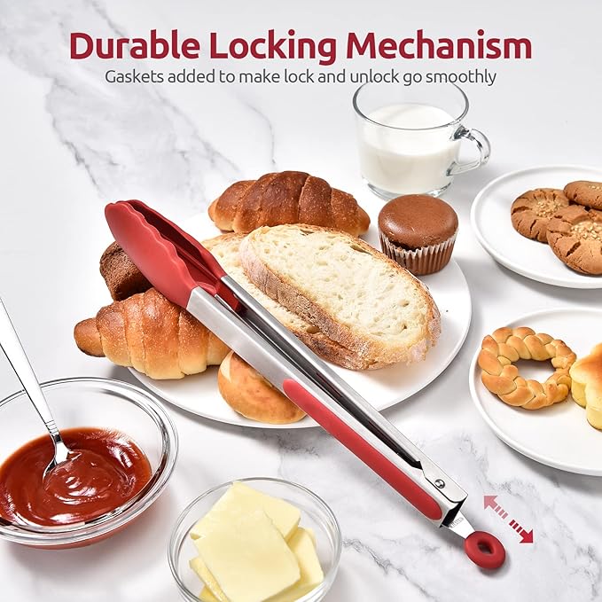 600쨘F Heat Resistant Kitchen Tongs: U-Taste 12 inch Large Silicone Cooking Tong with Sturdy Non Stick Rubber Tips & Silicon Coated 18/8 Stainless Steel Handle & Smooth Locking for Serving Grill (Red)