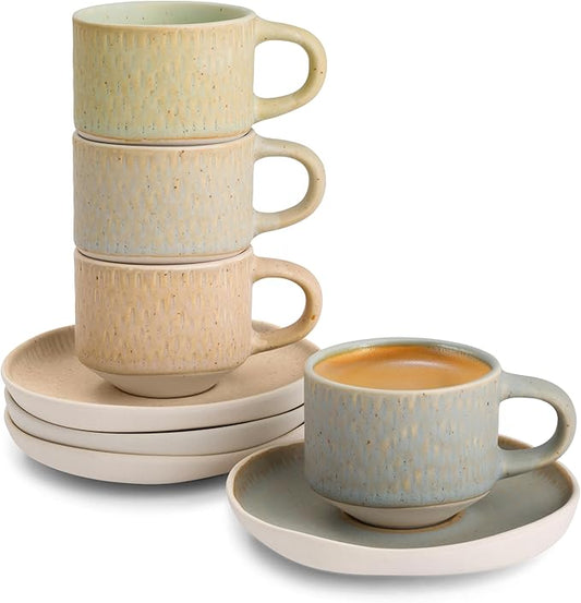 KooK Espresso Mug and Saucer Set, Ceramic Cups and Plates with Rustic Organic Shape and Feathered Texture, Dishwasher and Microwave Safe, 2.7 oz, Set of 4, Neutral Multicolor (2.7 Oz)