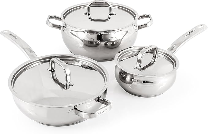 BergHOFF Belly Shape 18/10 Stainless Steel 12Pc Cookware Set, Metal Lids, Fast, Evenly Heat, Induction Cooktop Ready