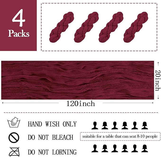 4 Pack Burgundy Cheesecloth Table Runner 20 x 120 inch Gauze Table Runners 10 FT Long,Semi Sheer Boho Cheese Cloth Fabric Table Runner Bulk for Party,Wedding,Baby Shower,Bridal Shower Decoration