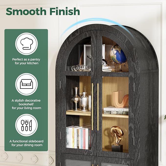 71?쒪rched Kitchen Pantry Cabinet, Stylish Arched Bookcase & Multi-Use Storage Cabinet with Glass & Rattan Doors, Ideal as Kitchen Pantry, Living Room Display, or Entryway Organizer ??Black