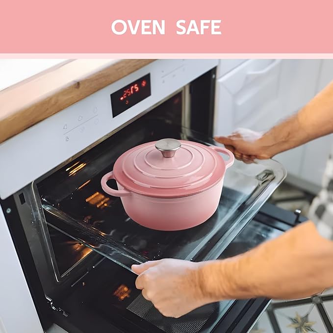4.5 Quart Dutch Oven Enameled Cast Iron with Lid - Big Dual Handles - Oven Safe up to 500째F - Classic Round Pot for Versatile Cooking Pink