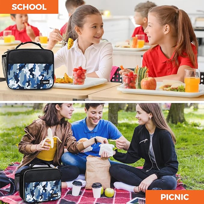 opux Insulated Lunch Bag Kids, Lunch Box for School Boy Girl, Leakproof Small Reusable Compact Soft Mini Cooler Bag, Toddler Small Lunch Boxes Kit Pail with Front Side Pockets (Camo Blue)