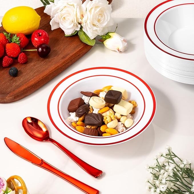 Goodluck 100 Pack Plastic Bowls with Red Rim, 12oz Disposable Soup Bowls, Heavy Duty Dessert Bowls for Weddings, Parties, Christmas Dinners, Catering, Thanksgiving and Everyday Use