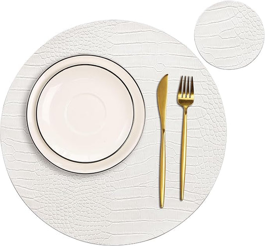 Jovono Round Leather Placemats for Round Tables Set of 4, White Place Mats and Coasters, Wipeable Waterproof Heat Resistant Table Mats Easy to Care for Indoor Decor 13 inch Diameter