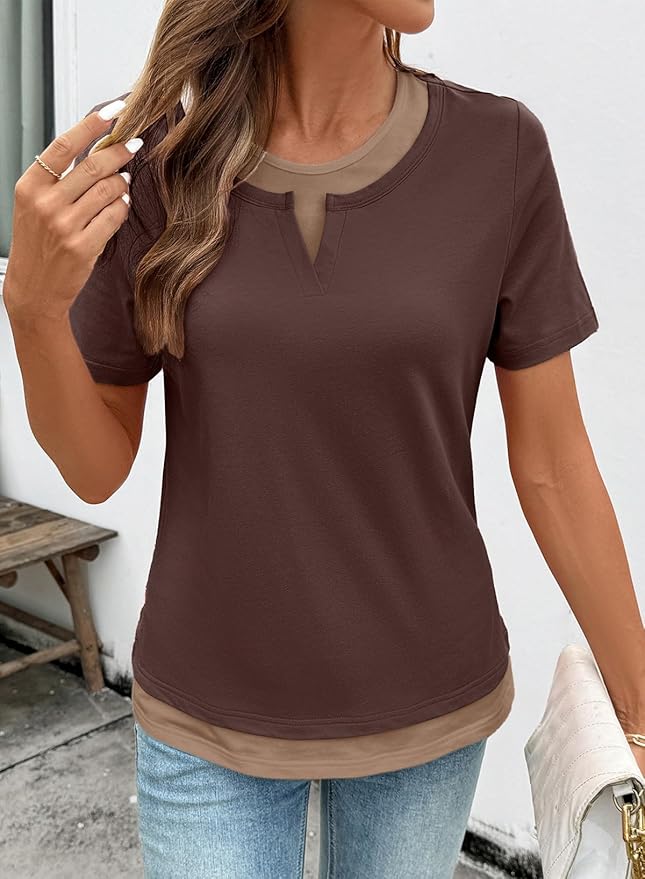 SHEWIN Womens Tops Casual Crewneck Color Block Short Sleeve Mock Double Layer T-Shirt Summer Outfits for Women 2026