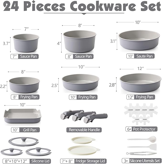 SENSARTE 24 Piece Ceramic Pots and Pans Set, Nonstick Detachable Handle Cookware, Induction Kitchen Cookware Set with Removable Handle, Healthy Non Stick for RV, Dishwasher竊냀ven Safe, PFOA Free (Gray)