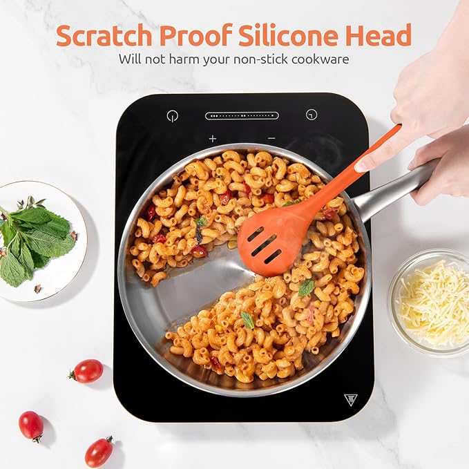 600쨘F Heat Resistant Slotted Spoon: U-Taste 13.3in Solid Kitchen Cooking Spoon, Nonstick Food Grade Large & Long Rubber Utensil for Mixing, Serving, Stirring, Basting, Frying, Draining (Orange)