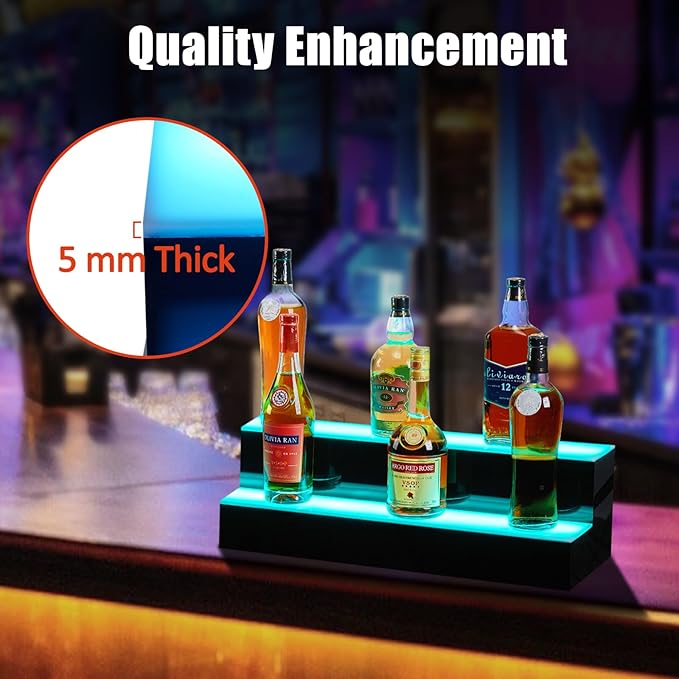 30 Inch Rectangular 2-Tier LED Lighted Liquor Bottle Display Shelf - Acrylic Wine Rack with Remote & App Control, 16 Static Colors, 1-8H Timer, USB Power, for Home Bar, Commercial Use