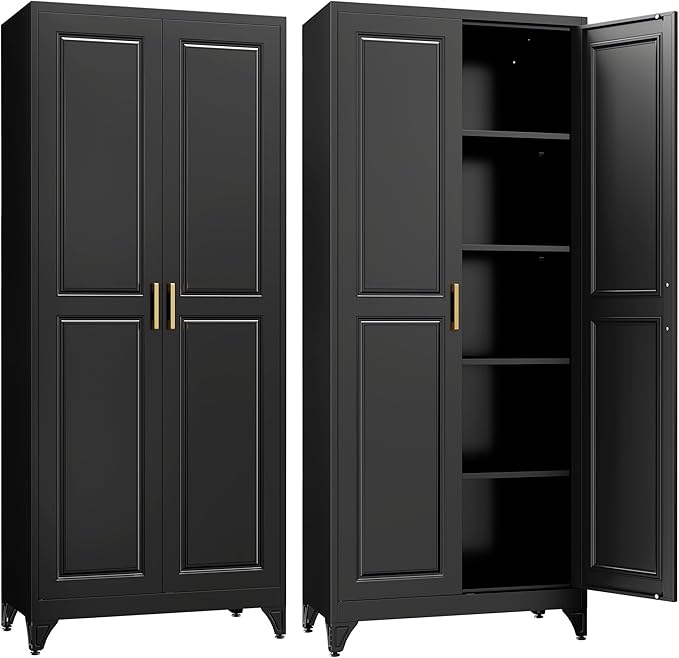 Kitchen Pantry Cabinet,75?쒫lack Metal Storage Cabinets with Doors and 4 Adjustable Shelves,Kitchen Cabinet with 2 Gold Handles,Tall Cabinet for Livingroom, Bathroom