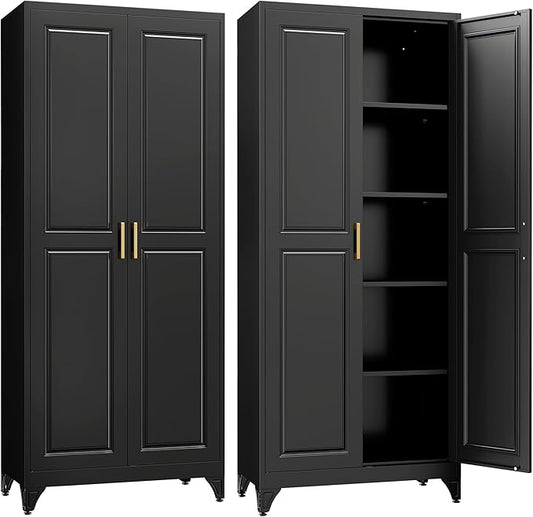 Kitchen Pantry Cabinet,75?쒫lack Metal Storage Cabinets with Doors and 4 Adjustable Shelves,Kitchen Cabinet with 2 Gold Handles,Tall Cabinet for Livingroom, Bathroom