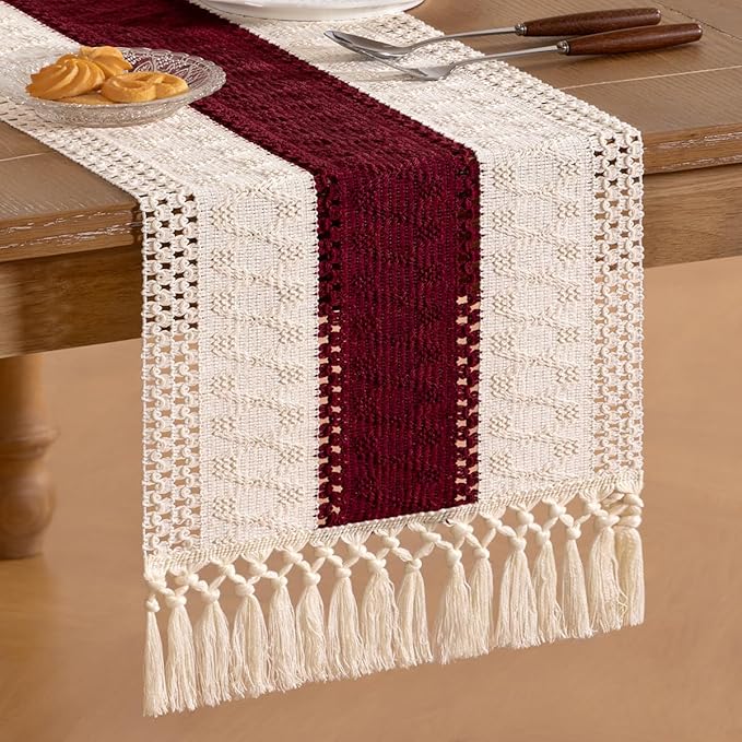Socomi Boho Table Runner Valentine's Day Farmhouse Rustic Dining Kitchen Centerpiece Decor Small Macrame Woven Cotton Linen Coffee Table Runner for Dresser Scarf Home Decor 12x48 in Burgundy Ivory