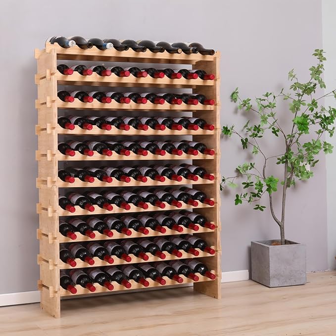 Wine Rack Bamboo Wood Stackable Storage Freestanding Wooden Wine Rack Wine Cooler 72 Bottle and 90 Bottle (90 Bottle)