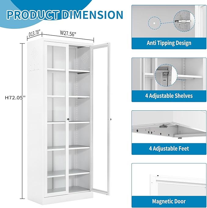 Display Cabinet with Glass Doors 71" Tall Metal Kitchen Storage Pantry with Adjustable Shelves, Curio Storage Cabinet for Kitchen, Dining Room, Garage, Assembly Required