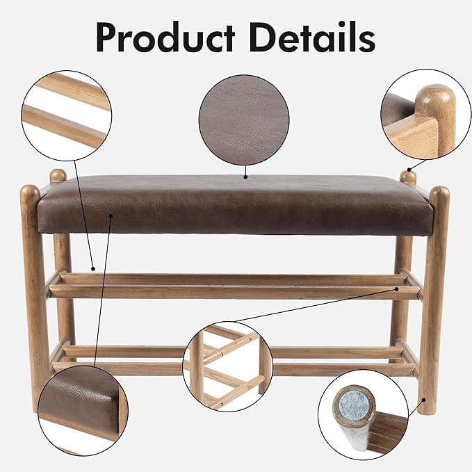 XINNAN Solid Wood Entryway Bench with Shoe Storage, Rustic Oak Wood and PU Leather 31.5 Inch Long Seating for Living and Dining Rooms, 3-Tier Brown