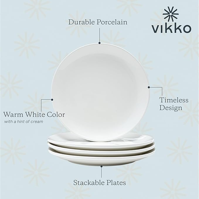 Vikko Dinner Plate, Set of 6 White Plates, Ceramic Dinner Plates Set, Stackable 10 Inch Dinner Plates for Every Day and Special Occasion, Restaurant Style, Dishwasher Safe, Microwave Safe