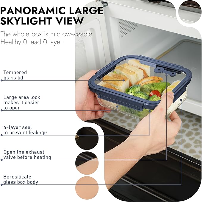 10-Pack Glass Food Storage Containers with Tempered Lids ??Borosilicate, Airtight, Oven-Safe (-4째F~950째F), BPA-Free, 4.4 & 1.6 Cup, Leak-Proof, Dishwasher Safe (Blue)
