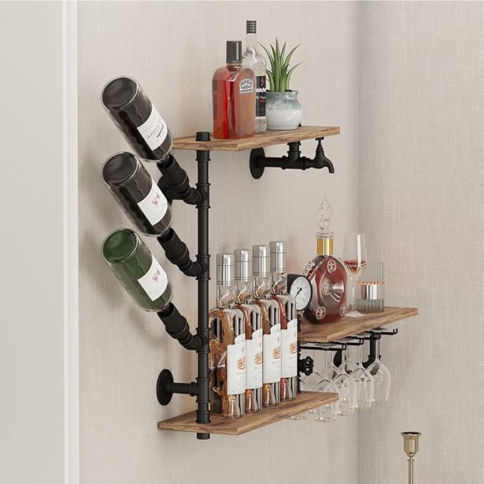 3 Tier Industrial Wall Wine Rack, 46in Floating Bar Liquor Shelves with 4 Stem Glass Holder, Pipe Shelf Shelving Wine Glass Rack, Wine Rack Wall Mounted Living Room Kitchen Decor, Black