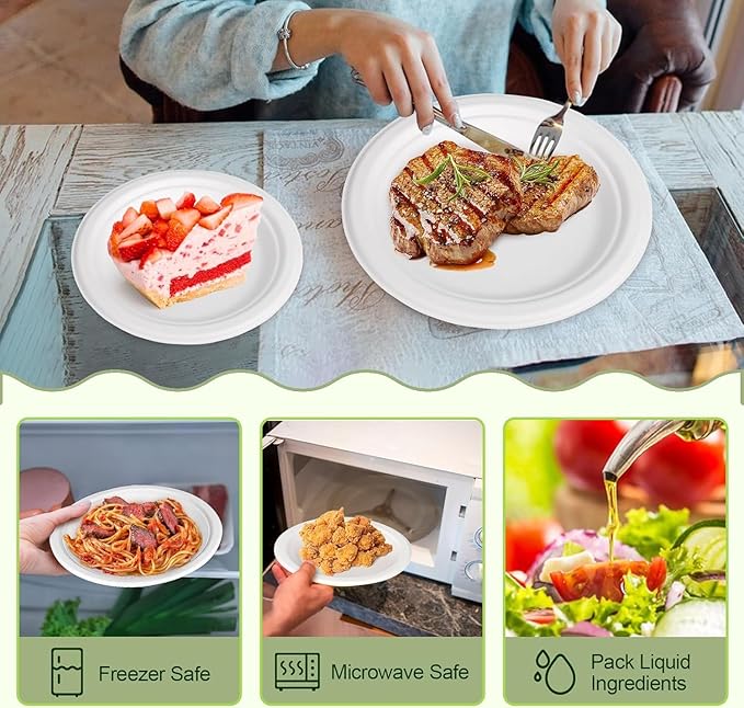Disposable Paper Plates Set, 7-inch, 9-inch Eco friendly Heavy Duty Plates and Napkins Party Supplies, Compostable Dessert Dinner Paper Plate White, For 100 Guests