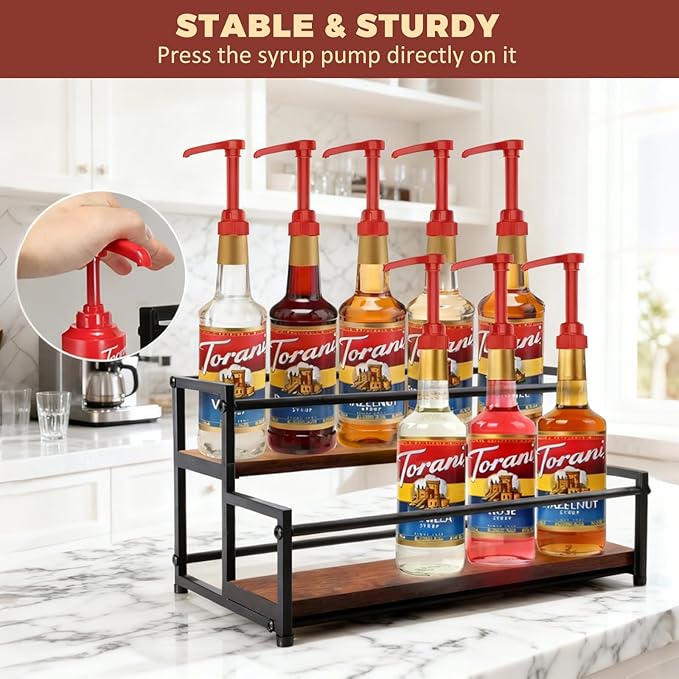 Coffee Syrup Rack Organizer - Metal Bottle Holder for 10 Bottles ??Rustic Countertop Display Shelf for Coffee Bar, Kitchen Cabinet, Pantry Storage for Syrups, Liquor, Spice, Tea & Wine (2-Tier)