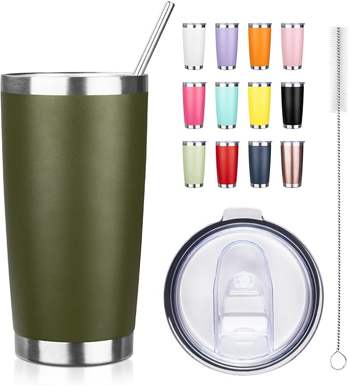 ATIKZHE 20oz Tumbler with Straw and Brush, Stainless Steel Vacuum Insulated tumbler, Double Wall Insulated Coffee Tumbler for Outdoor, Home, Travel,Office (Army Green,1pcs)