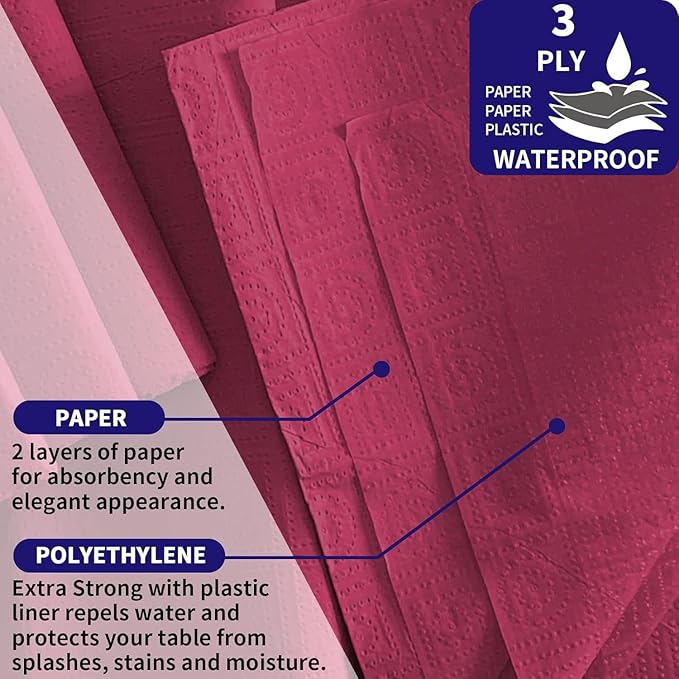[6 Pack] Burgundy Paper Tablecloth Disposable for Rectangle Tables, 54 X 108 Inch Party Table Cover with Plastic Backing, Waterproof 3 Ply Table Cloth for Christmas Party Xmas