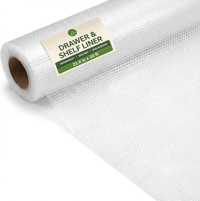 EVALAND Shelf Liners for Kitchen Cabinets Non-Adhesive 21.6" x 20 FT Clear Drawer Liner Non Slip, Washable Cabinet Liner, Waterproof Shelf Liners for Cabinets, Refrigerator Bathroom Pantry Cabinet Mat