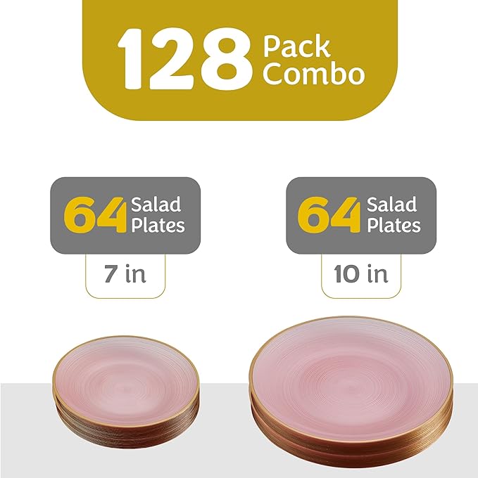 PLASTICPRO 128 Pieces Crystal Design Plastic Plates Combo Pack 7 inch and 10 inch Gold Rim Elegant Disposable Plates, Transparent Pink
