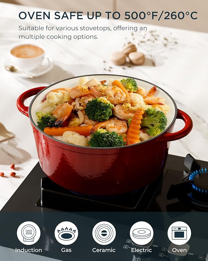Enameled Cast Iron Dutch Oven - 6QT Pot with Lid & Cotton Potholders - Heavy-Duty Cookware for Braising, Stews, Roasting, Bread Baking, Oven Safe up to 500째F & Suitable for All Cooktops, Cherry Red
